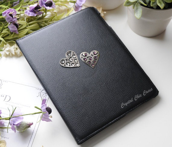 Crystal iPad Case iPad 2 3 4 Bling Swarovski Swirl Heart Crystal Elements Handmade Filigree Heart Charms Bling Black iPad Case