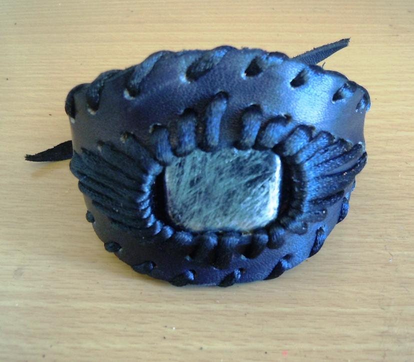 Hand-stitched Leather Cuff Bracelet with Faux Silver Centerpiece