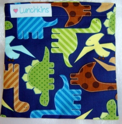 SANDWICH Snack BAG Blue Green Dinosaur Dinos Design Reusable with Nylon Lining