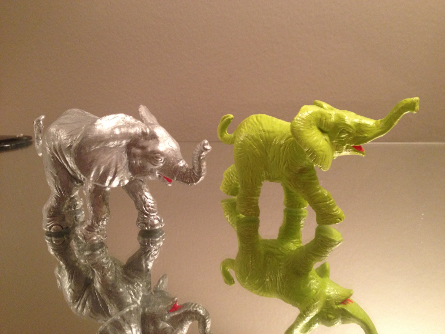 Quirky Modern Elephant Figurines - Silver and Chartreuse