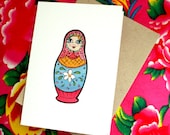 Baby Girl Child Pink Babushka Matryoshka Russian Nesting Doll Illustration Blank Greeting Card
