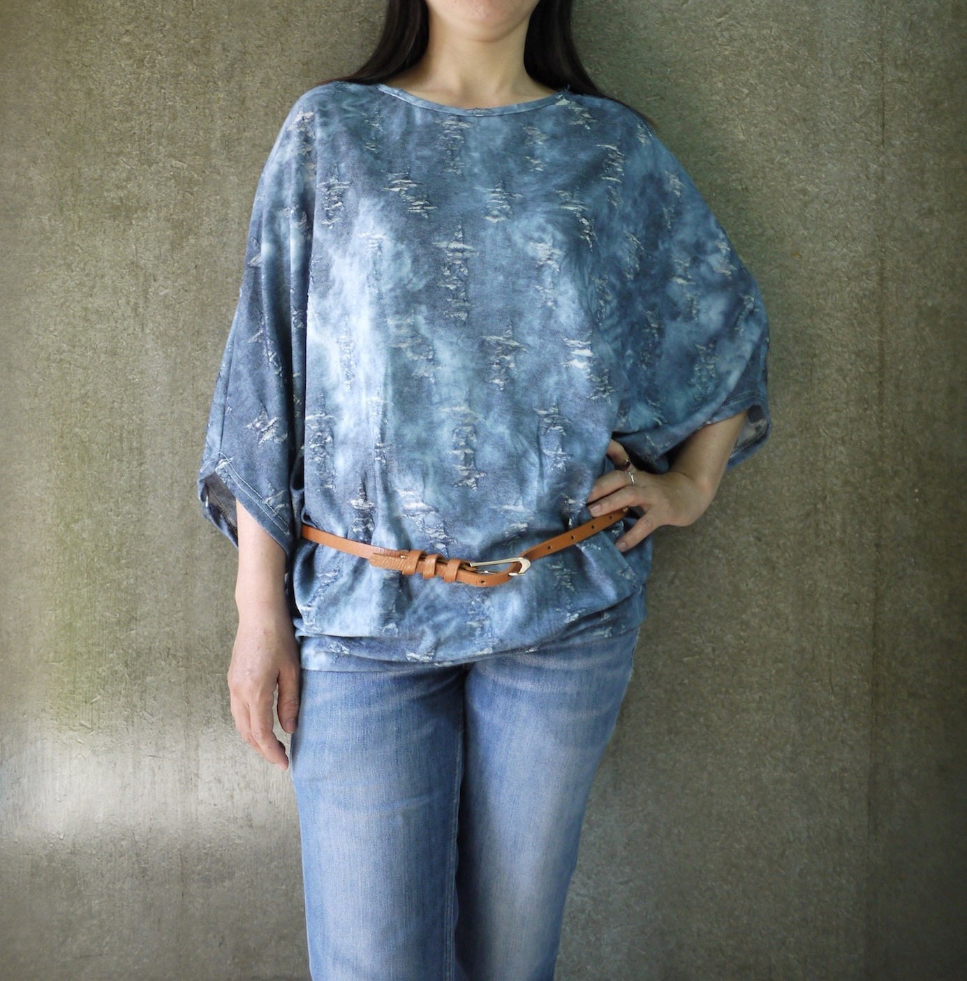 Oversized  Women Top - Dark Blue Stretch Cotton Mix Polyester Batwing Sleeve Pullover Loose Blouse T-Shirt Top - B003