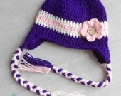 Girls Crochet Earflap Beanie / Hat for Baby / Child / Photo Prop - Acrylic, changeable flowers & unique wooden button - Custom Handmade