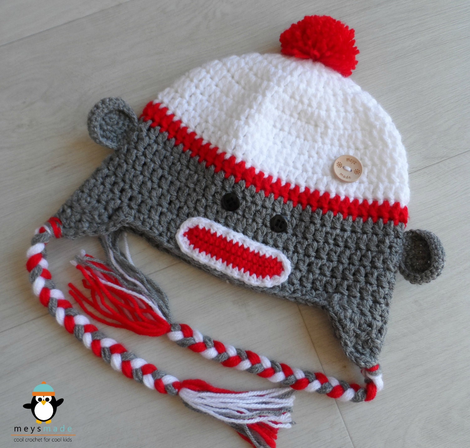 Crochet Sock Monkey Earflap Beanie / Hat / Cap for Baby / Child / Photo Prop - Acrylic & unique wooden button - Custom Handmade