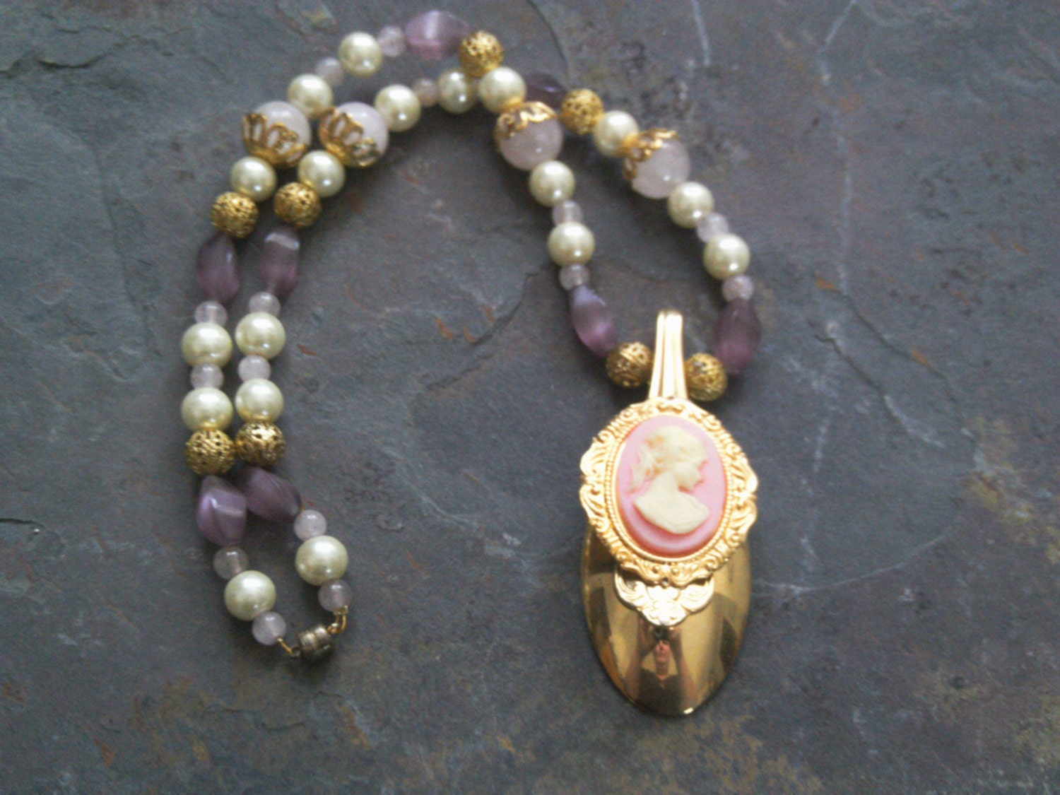 Handmade Rose Quartz, Cream Glass Pearls, Smoky Pink Glass, and Golden Filigree Accent 21" Beaded Necklace with Cameo Spoon Focal