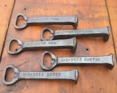 Groomsmen Gift, Hand forged railroad spike bottle opener with their names and the wedding date.