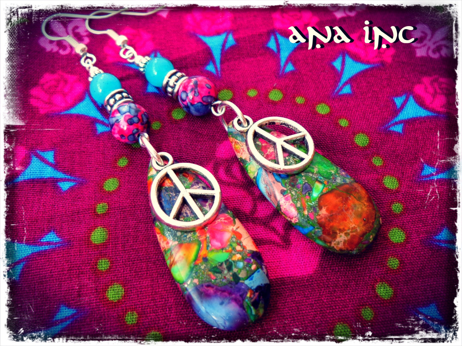Peace Sign Earrings Hippie peace earrings long Dangle earrings Colorful bohemian earrings Sea sediment jasper hippy boho unique funky spirit