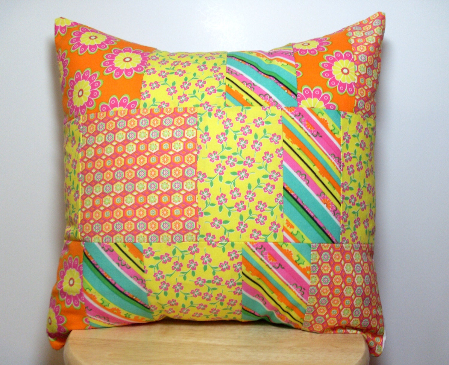 On Sale - Decor Throw Pillow Cover- Bright Pink Orange Yellow Floral - Patchwork Cushion -18x18