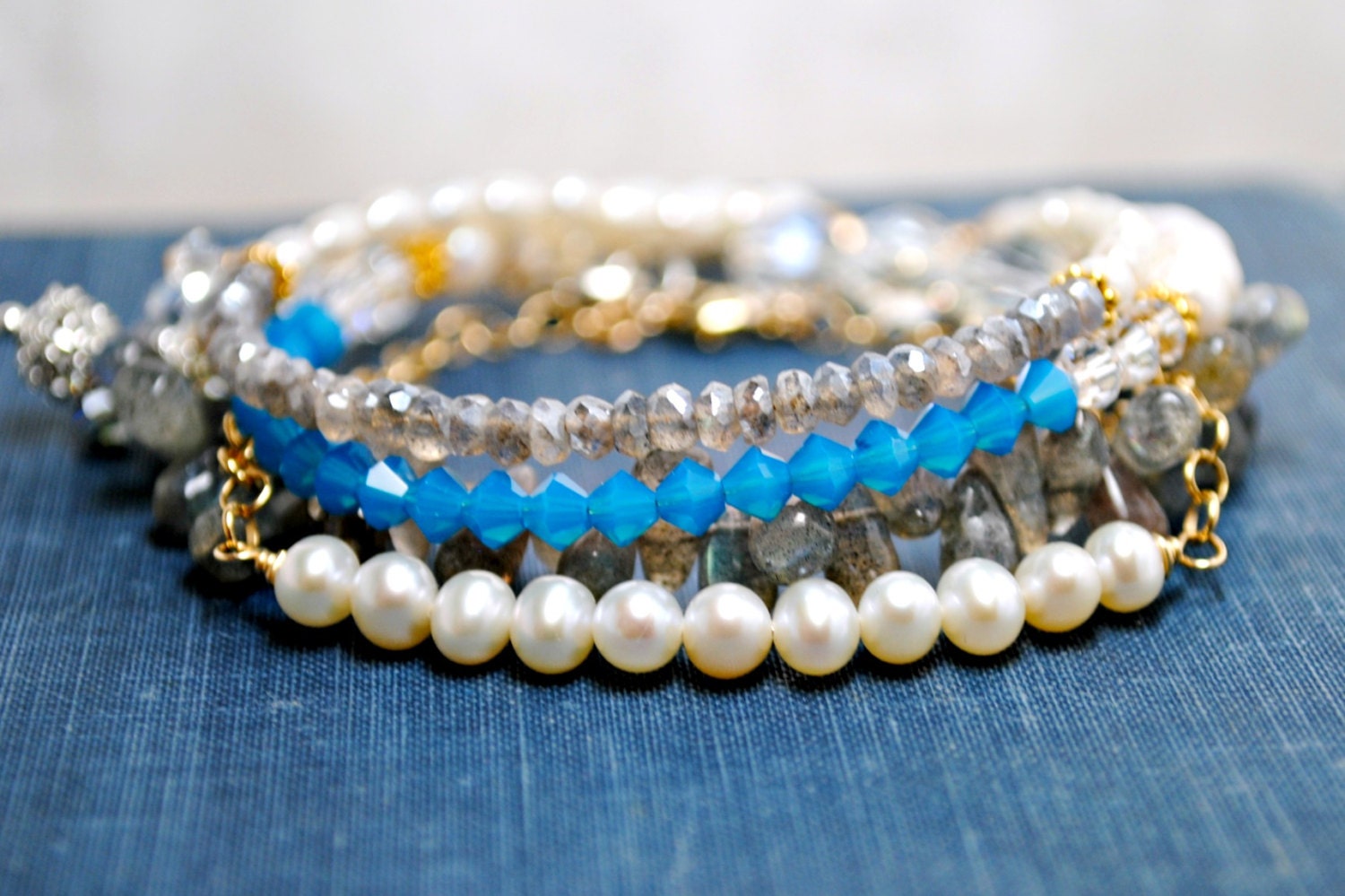 Stack Bracelet, Freshwater Pearl Bracelet, Delicate, Goldfill, Handmade Jewelry, Ivory Pearls, Chain Bracelet, Sweet, Modern, Layer