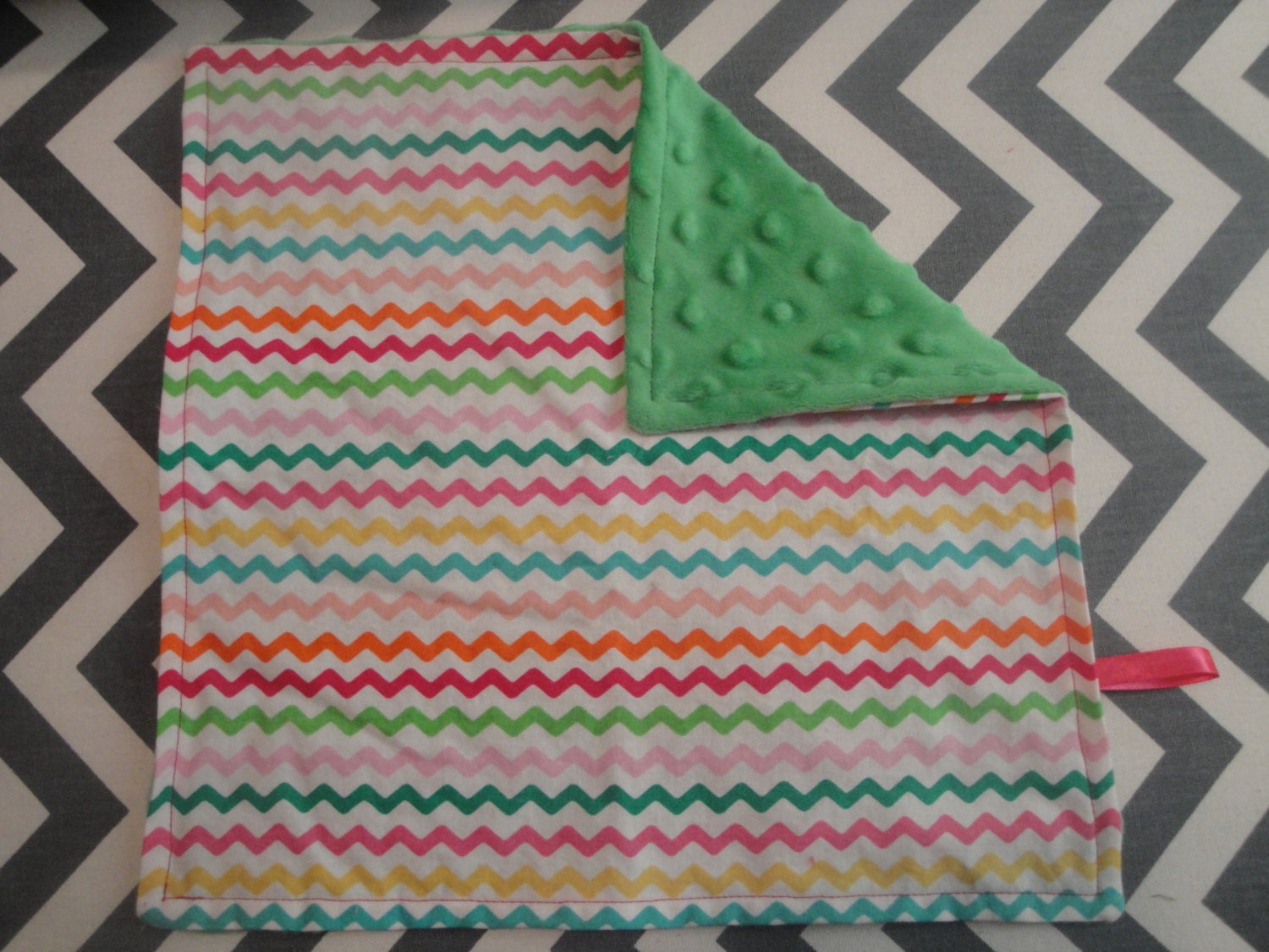 Girl's Chevron print Security Blankie Lovie Minky Small Blanket Toddler Lovey Girl pink green taggie bright yellow blue shower gift