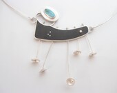 Wood and Sterling Silver Necklace - Unique Necklace - Ebony, Turquoise and Silver - Exclusive Design Necklace - OOAK