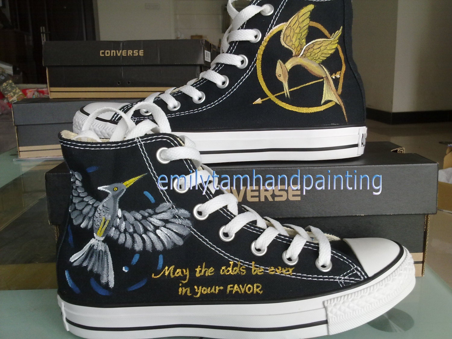 Mockingjay Hunger Game Inspired Hand Painted Converse Shoes Blue/Black High Top