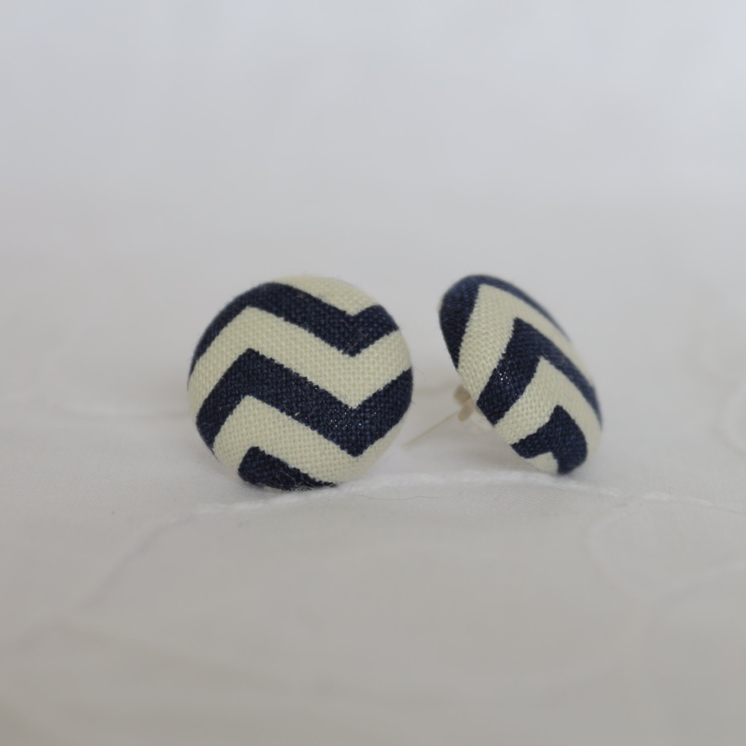 Navy Chevron fabric covered button earrings
