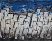 OOAK Original Mixed Media Contemporary Modern Abstract Painting 11.7x8.3 " Blue City"