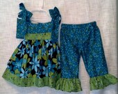 The "Tie Top" dress in lime green and turquoise prints  with ruffle pants in size 4T