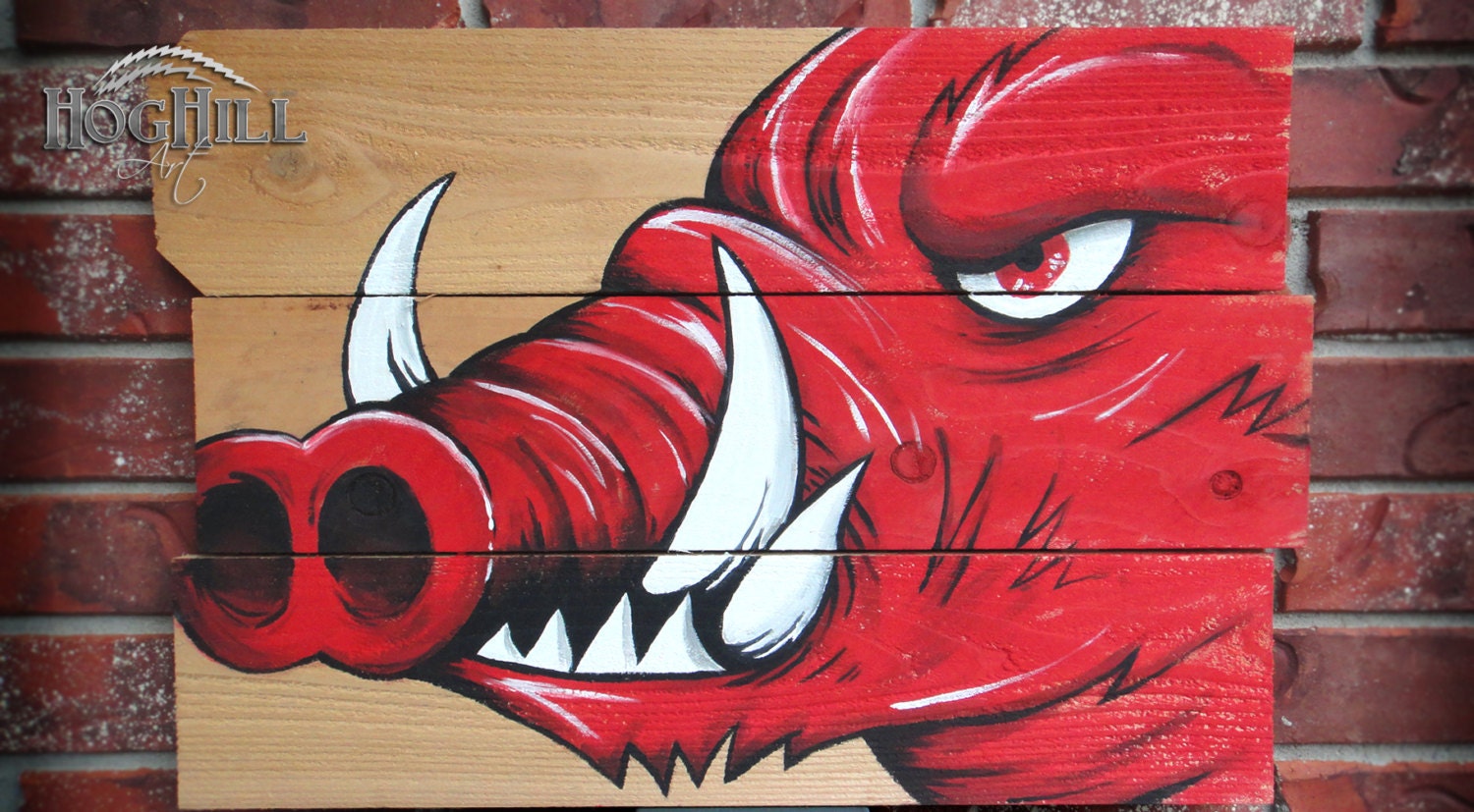 Arkansas Razorback painting "Big Snout" on hand-made wooden canvas.