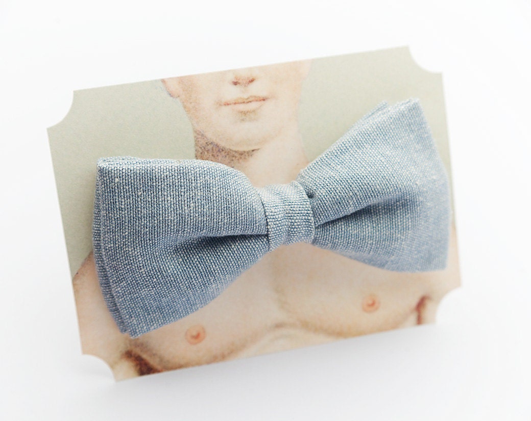 Blue Linen Clip-On Bow Tie