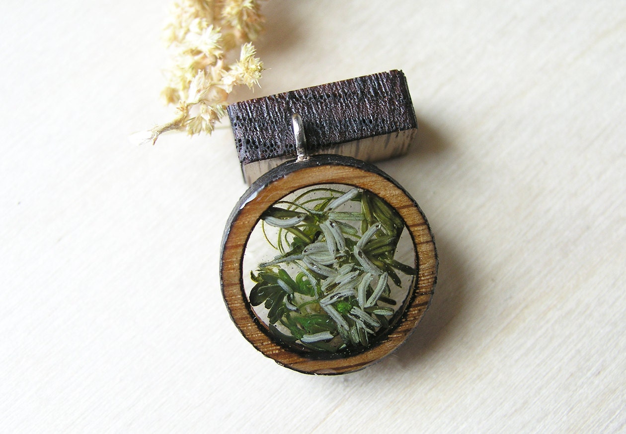 Resin and Wood Necklace Jewelry Pendant with Encased Green and White Tree Stamens