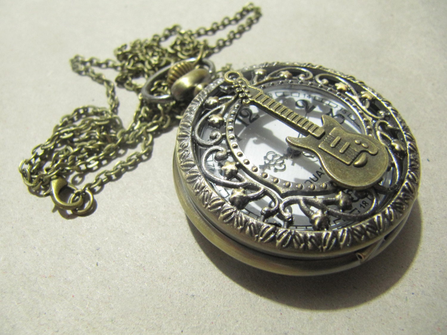 bronze guitar Pocket  Watch necklace in retro style sweater chain necklace pendant fashion