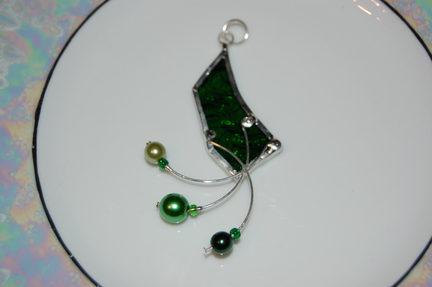 Emerald Green Textured Quirky Stained Glass Pendant,  Pearls, Womens accessories jewellery, unique, abstract