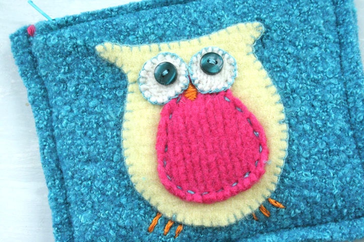 Upcycled. Recycled Owl Sweater Bag, Purse, Wallet - Teal Felted Wool, Hand Applique, 5 Inch Zipper