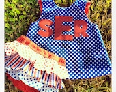 Patriotic Open Back Baby Dress with Matching Ruffle Diaper Cover - Personalized Pinafore - Red White & Blue