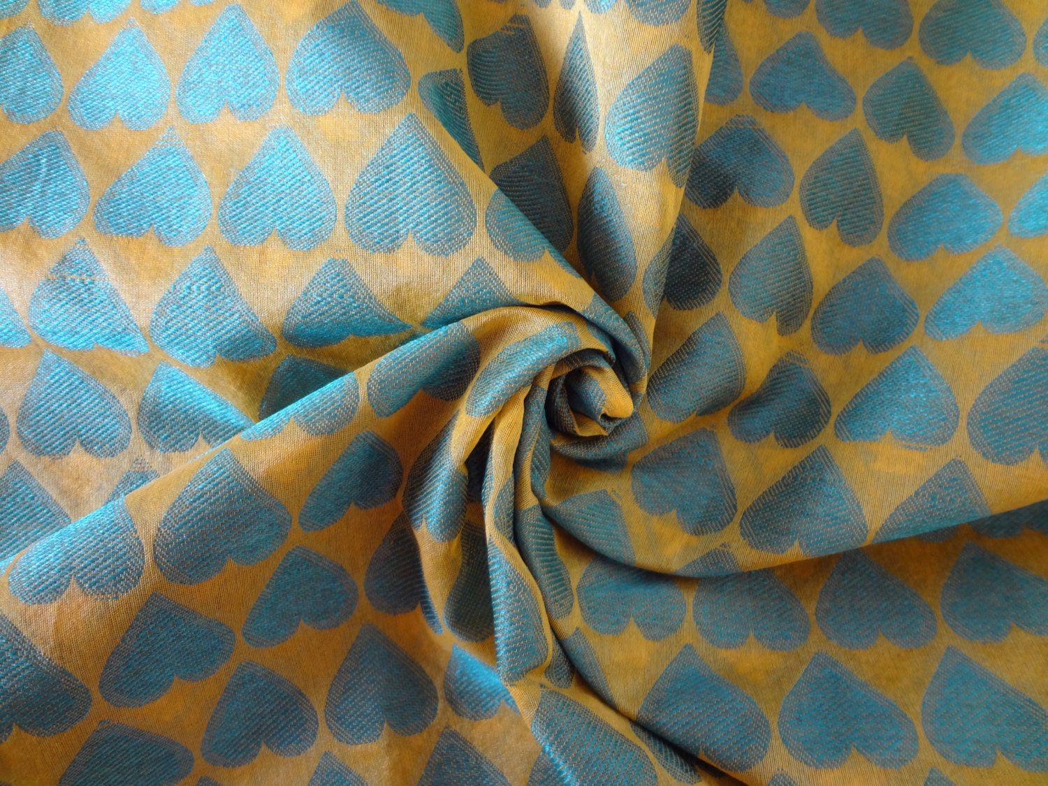 yellow with green heart chanderi  cotton silk fabric fat quarter india