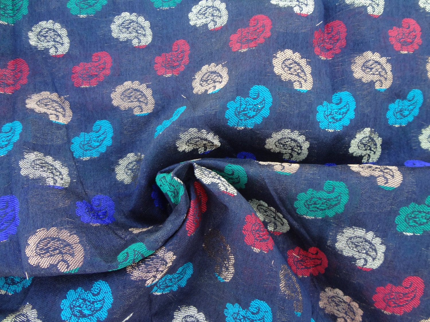 Black With Paisleys Chanderi Cotton Silk Fabric Fat Quarter India