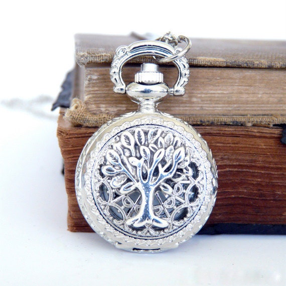 Tree of Life Pocket Watch Locket Necklace - Silver Jewelry - Gift Present