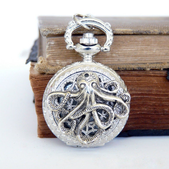 Octopus Pocket Watch Locket Necklace - Silver Jewelry - Gift Present