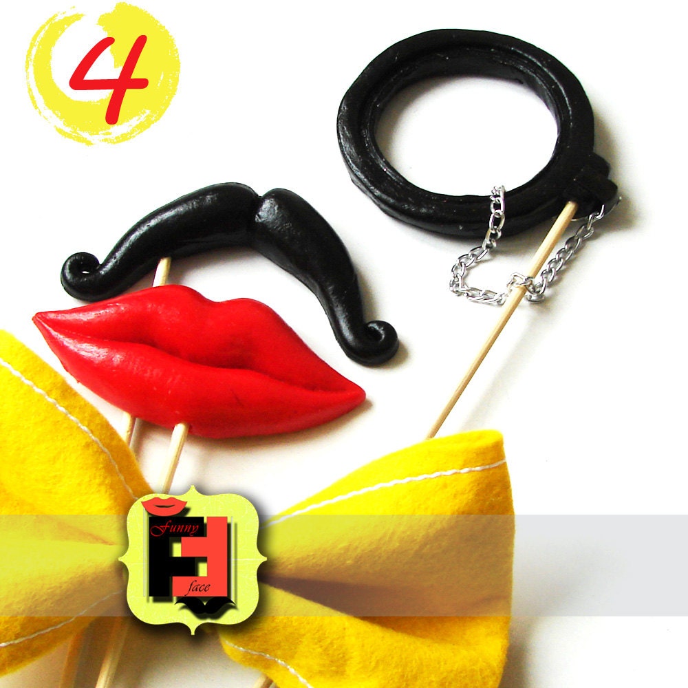 Photo booth Props 1 plastic mustache 1 lips 1 felt bows 1 monocle for wedding, engagement, party, carnival, holiday set decoration