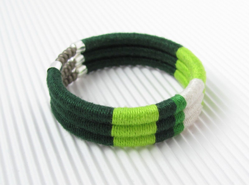 Bright Green Beige Forest Green Yarn Wrap Bracelet, Lime Dark Green Creamy Thread Bracelet, Fiber Wrapped Bangle Bracelet, Cotton Bracelet