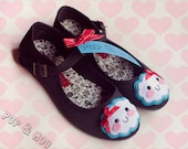 Kawaii cloud mary jane shoes - Cute black canvas felt clouds womens flats - Adorable quirky maryjanes footwear UK Size 5 (EUR 38, US 7)