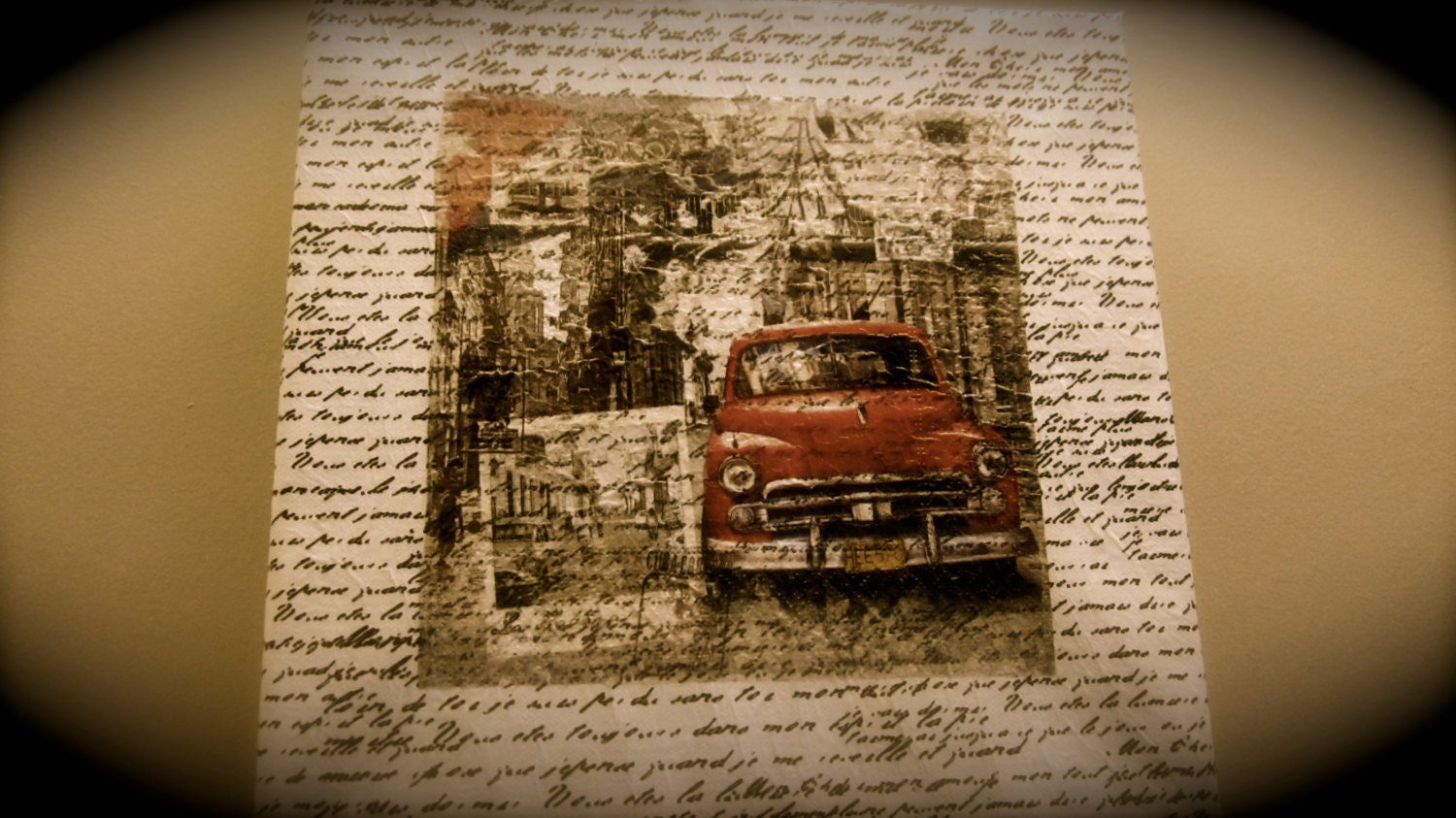 Vintage Red Car Original Collage Using Napkins, Gift for Him, Father's Day, Unique, Clever,