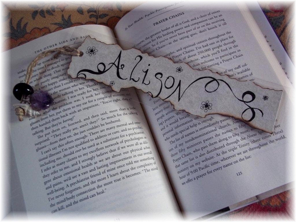 Personalized Bookmarks with Your Name on Laminated Parchment Paper with a hemp tail with beads or shells or gems or all three