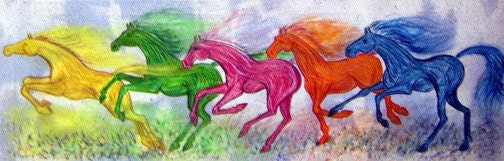 Free Spirit Horses Frolicking in Bright Pastels 12x36  (B)