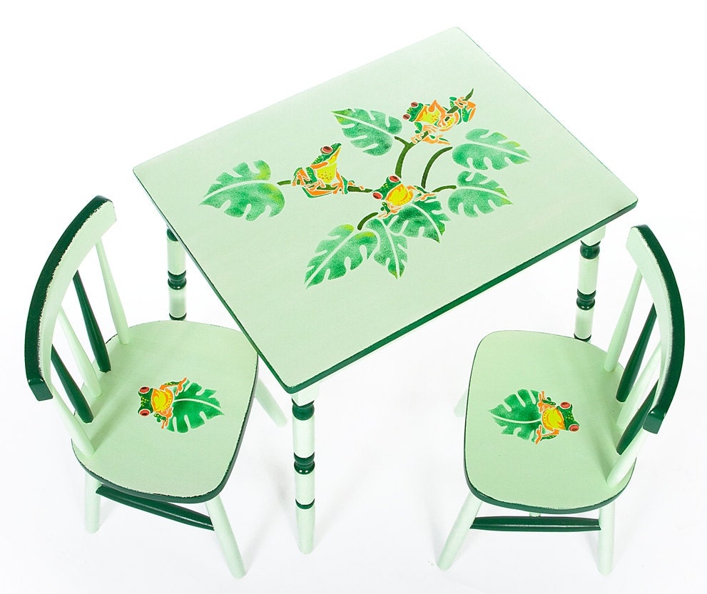Mint Green Table & Chairs with Red-Eyed Jungle Frogs