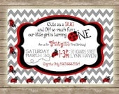 Cute, Whimsical, Chevron Ladybug Girls First Birthday Party Invitation