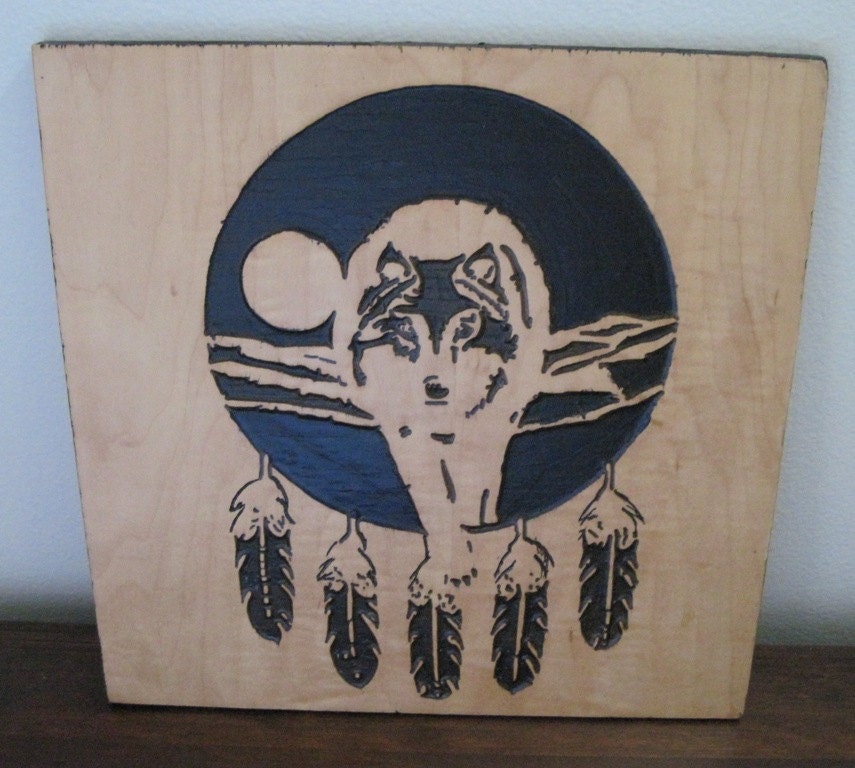 Native American Indian Art Wood Wolf Carving With Feathers
