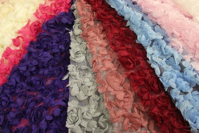 Rosette Fabric, 3d flower lace fabric on polyester mesh