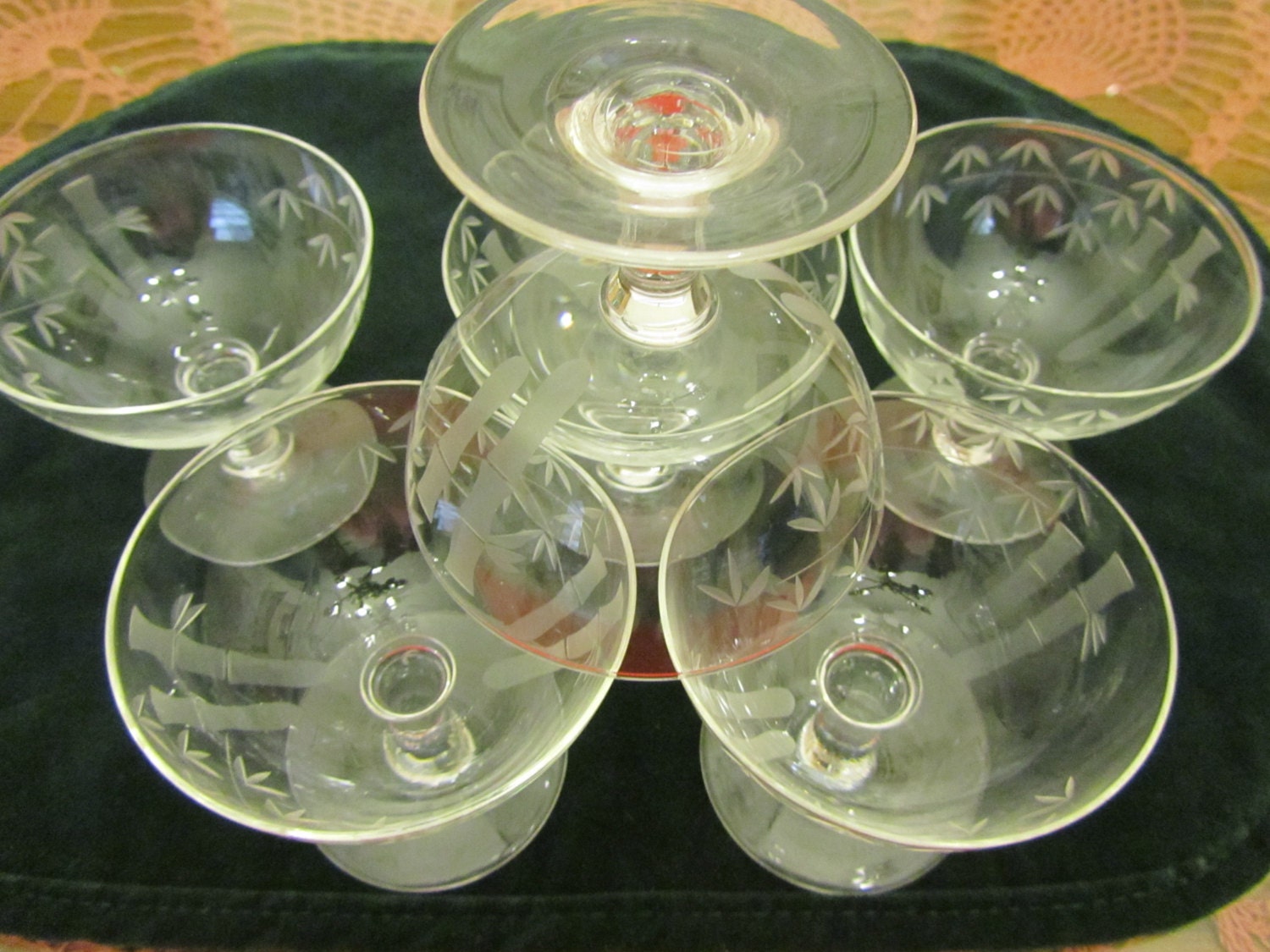 Vintage Noritake Japan etched   bamboo design set of six coctail stemware