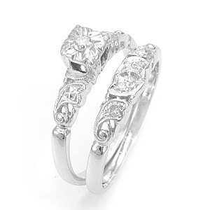 Round Diamond 14K White Gold  Micro Pave Setting Engagement Ring, Wedding Sets