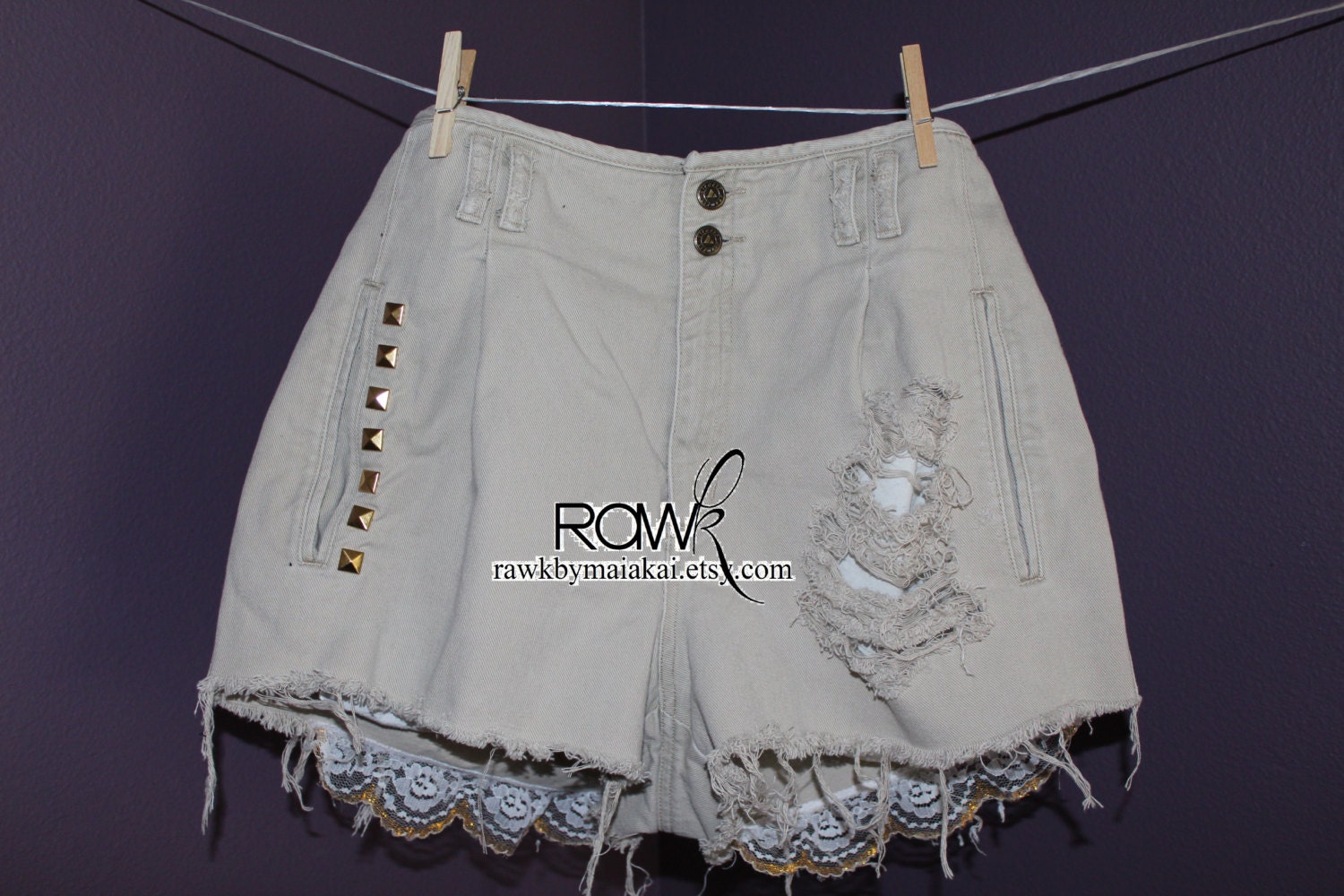 Buy high waisted shorts - 10. Khaki High Waisted Shorts, Gold &amp; Lace Details for 29 inch waist