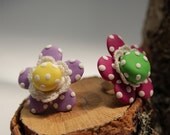 Spring Flower Polymer Clay Ring with  polka dots handmade white lace.