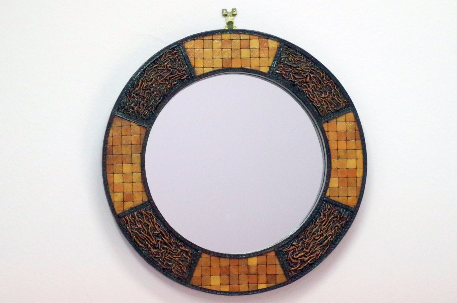 Handmade Wall Mirror with Mosaic & Wrinkled style Leather Lining