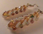 Amber blue glass silver seed bead beadwork dangle earrings