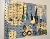 Painted Jewelry Organizer Wall Display,  Jewelry Holder, Custom, Hand Painted, Grey, Yellow