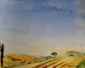 Art print 8x10 inches of an original watercolor painting "Tuscany II" emerald green trees yellow  brown blue Italy landscape