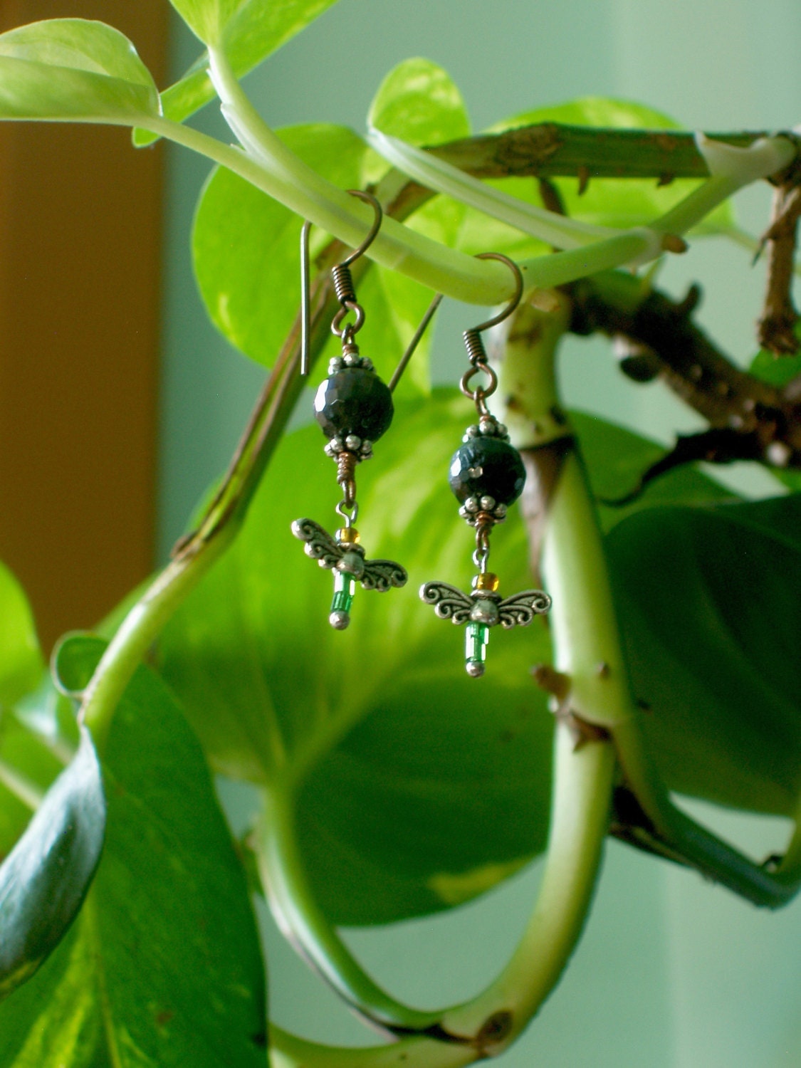 Reiki Infused Earrings:  Blue Tiger's Eye with Dangling Dragonflies