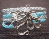 Octopus Charm Bracelet Silver-Blue Wax Cords Silver Imitation Leather Braided Bracelet-Personalized Friendship Jewelry